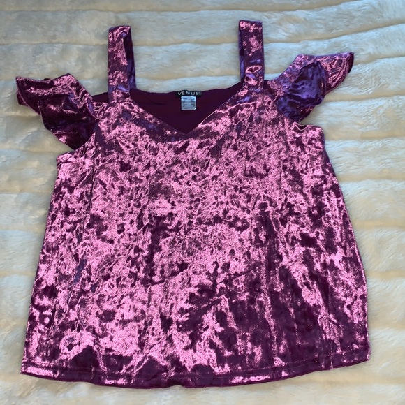 Venus purple velvet velour bare cold shoulder tunic Babydoll shirt top M - Picture 3 of 12